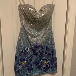 Tony Bowls blue and white sequined strapless cocktail mini 4